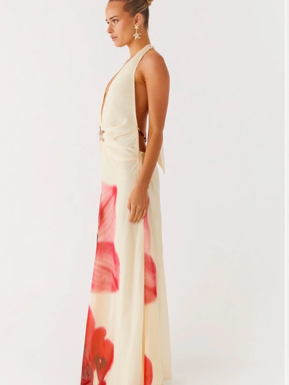 Peppermayo Cream Halter Maxi Dress with Pink Floral Print - Picture 2 of 3